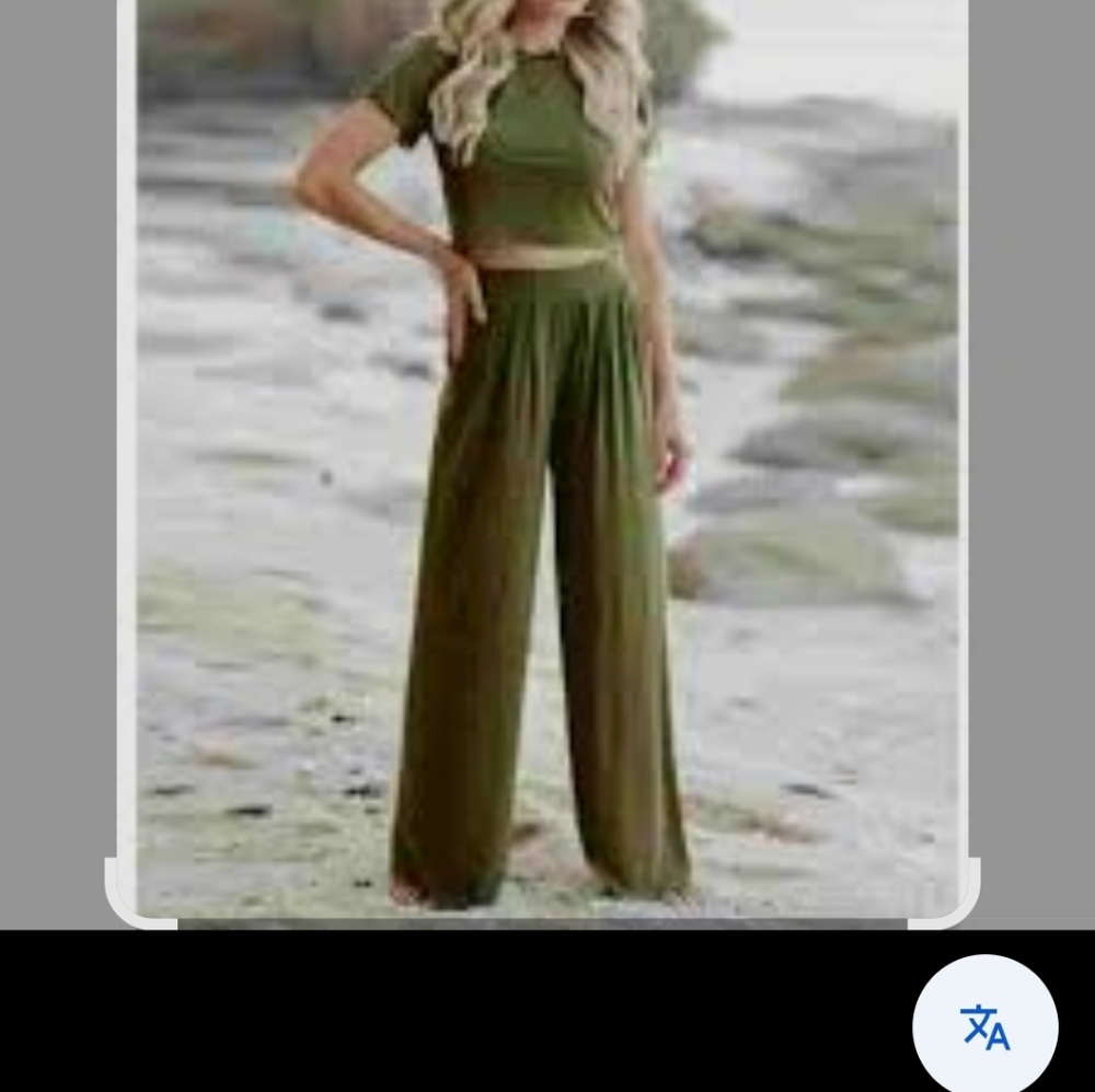 Olive Cropped Top & Flowy Wide-Leg Pants Set - Like New
